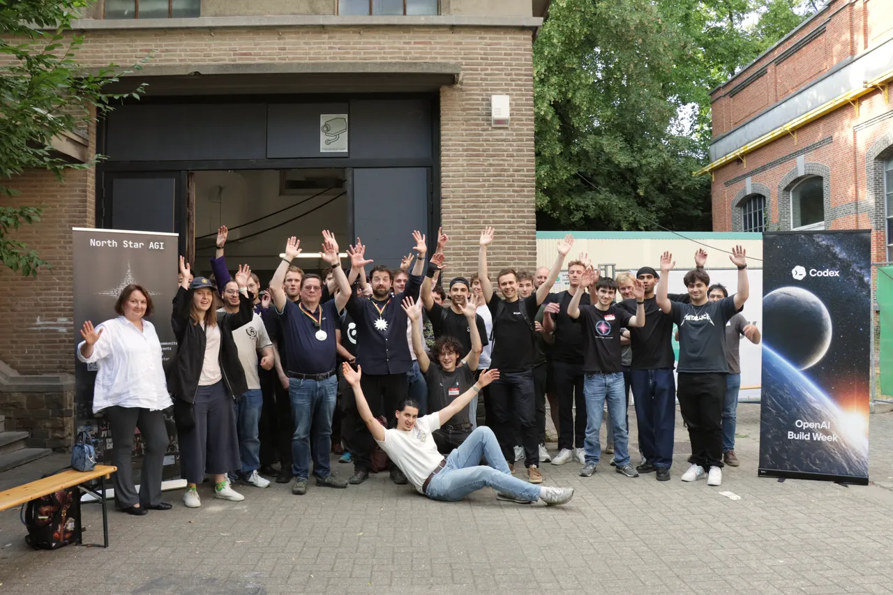 North Star community hackathon participants gathered outside, waving together.